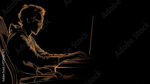 Silhouette of programmer with computer in warm glowing light