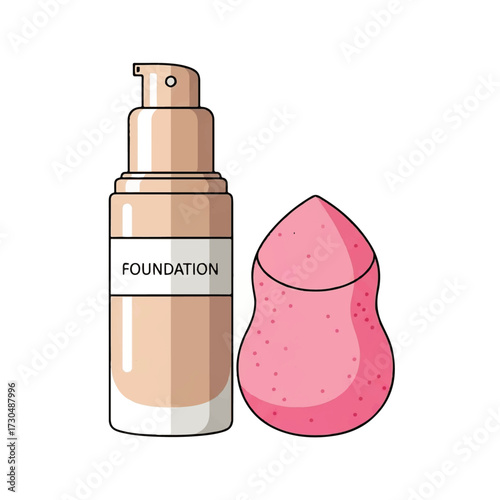 Vector illustration of a liquid foundation bottle with a pump and a pink cosmetic sponge, essential tools for a flawless makeup base