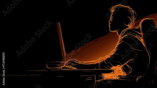Silhouette of a programmer in warm ambient light coding at computer