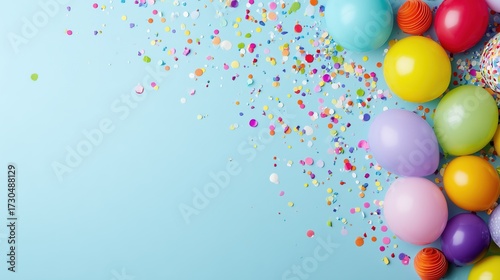 Top-down view of birthday party decorations on light blue background, colorful balloons and confetti scattered on left side, festive celebration setting for product photography.