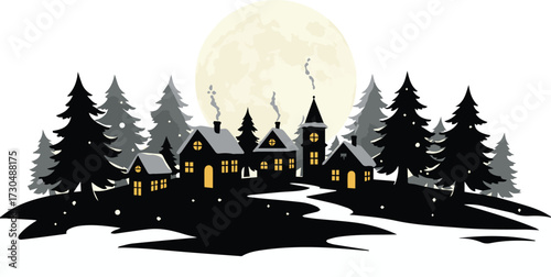 Cozy winter village glows under a large full moon with smoke rising from chimneys creating a magical nighttime scene