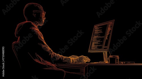 Silhouette of programmer at desk with warm ambient light