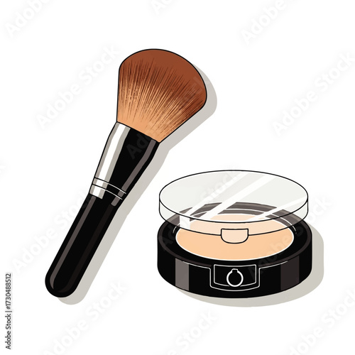 Detailed vector illustration of a soft bristle makeup brush alongside an open compact of pressed face powder, essential tools for a beauty routine and cosmetic application