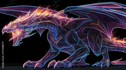 Neon line art dragon with glowing contours roaring fiercely