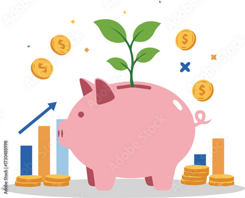 Growing investment concept with a piggy bank sprouting a plant surrounded by coins and rising financial charts symbolizing wealth accumulation and success.