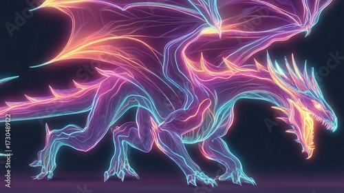 Radiant neon dragon with glowing outlines and vibrant wings