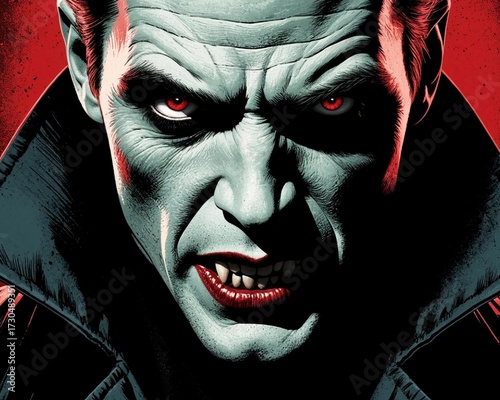 Aggressive Vampire Face Close-Up with Red Eyes and Fangs in Vintage Comic Book Style