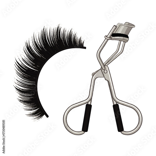 Close-up of false eyelashes and a metal eyelash curler, perfect for beauty and cosmetic product imagery