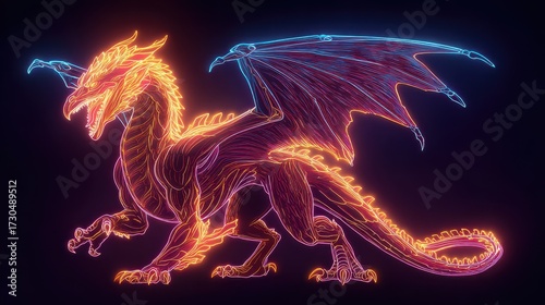 Vibrant neon line art dragon with glowing contours and fiery wings
