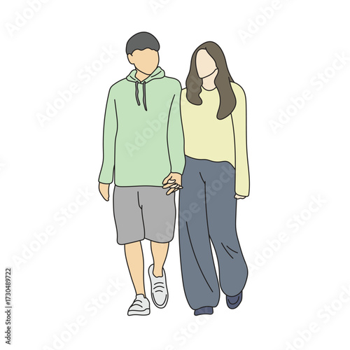 romantic couple holding hands walking illustration vector hand drawn with black lines