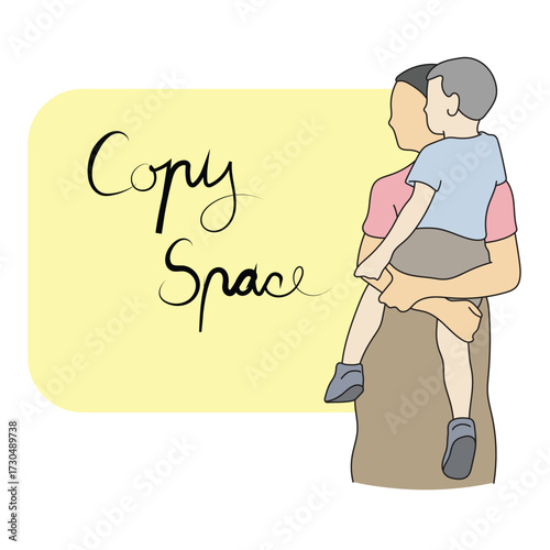 mother holding son with yellow copy space illustration vector hand drawn with black lines
