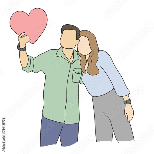 Man holding pink heart with his girlfriend illustration vector hand drawn with black lines