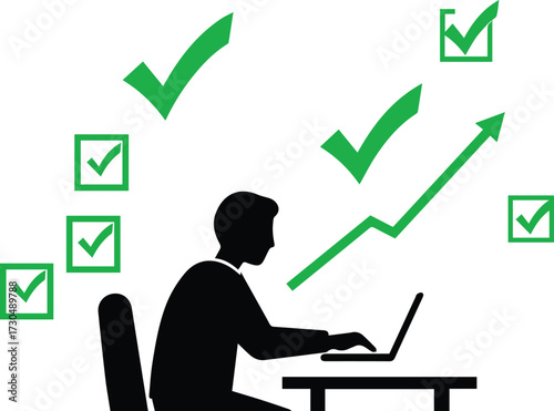 Achieve your business goals with a successful strategy and positive growth metrics, represented by a person working on a laptop surrounded by checkmarks and upward trending charts.