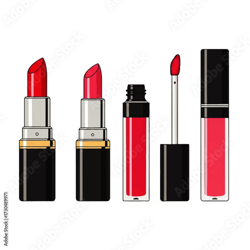 Vector illustration set of glamorous red lipstick and shiny lip gloss, representing classic cosmetic beauty and feminine allure