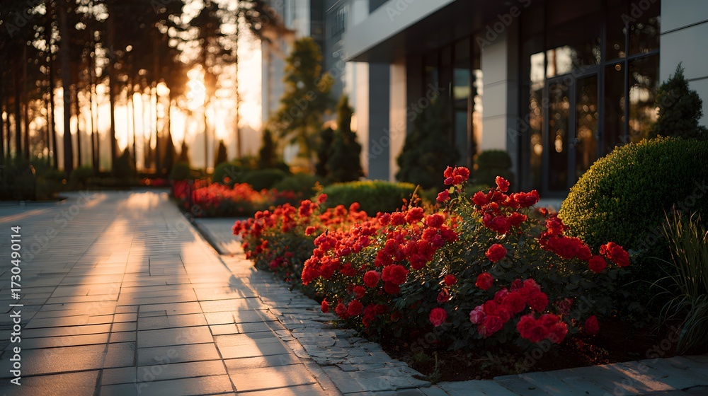 Obraz premium Pristine commercial landscape with flourishing bed of bright red roses and manicured bushes in front of modern building in golden hour sunlight.