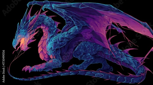 Majestic neon dragon with glowing contours and vibrant wings