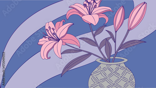 3D Pink Lilies in Patterned Porcelain Vase with Blue Purple Gradient Background for Decorative Floral Illustration