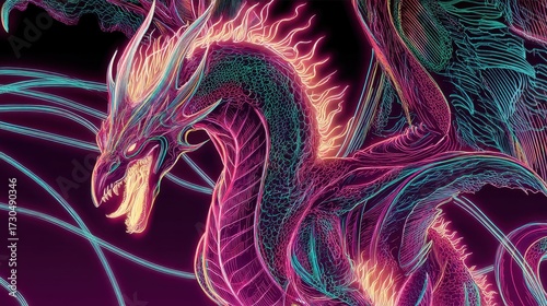 Vibrant neon dragon with glowing contours and fiery details