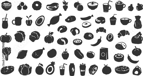 Vibrant collection of delicious food and drink icons perfect for culinary designs and healthy lifestyle promotions