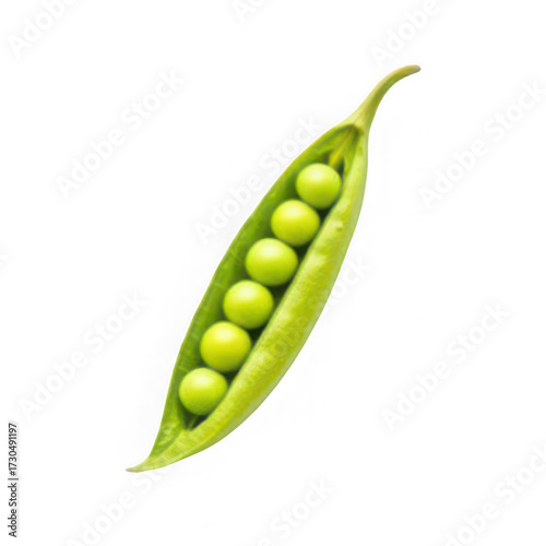 Close up of an open pea pod showing six green peas against black background