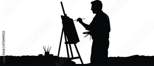 Passionate artist crafting a masterpiece on canvas with focused intensity, artistic silhouette perfect for illustrating creativity and the joy of painting