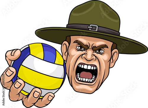 An angry drill instructor or sergeant bootcamp army soldier cartoon character holding volleyball ball sports team mascot illustration.