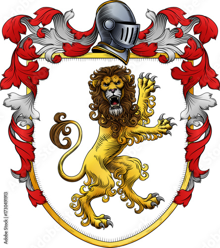 A lion coat of arms or crest family heraldry medieval heraldic knight shield with helmet and acanthus filigree scroll ornament in a vintage woodcut style.