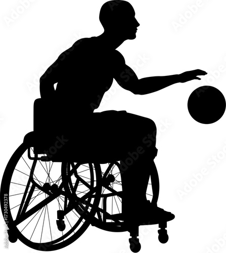 Silhouette of an athlete in a sports wheelchair, leaning forward while dribbling a basketball. The dynamic pose conveys speed, agility, and control in adaptive sports.