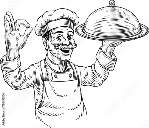 Black and white vintage woodcut style illustration of cheerful chef presenting a cloche platter tray plate. For restaurant branding, menu design, or culinary themed packaging.