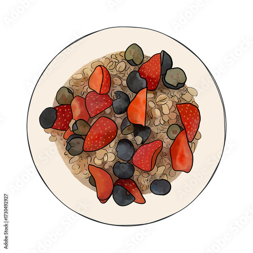 porridge oats with blueberries and strawberries in a bowl | watercolor digital art | transparent background
