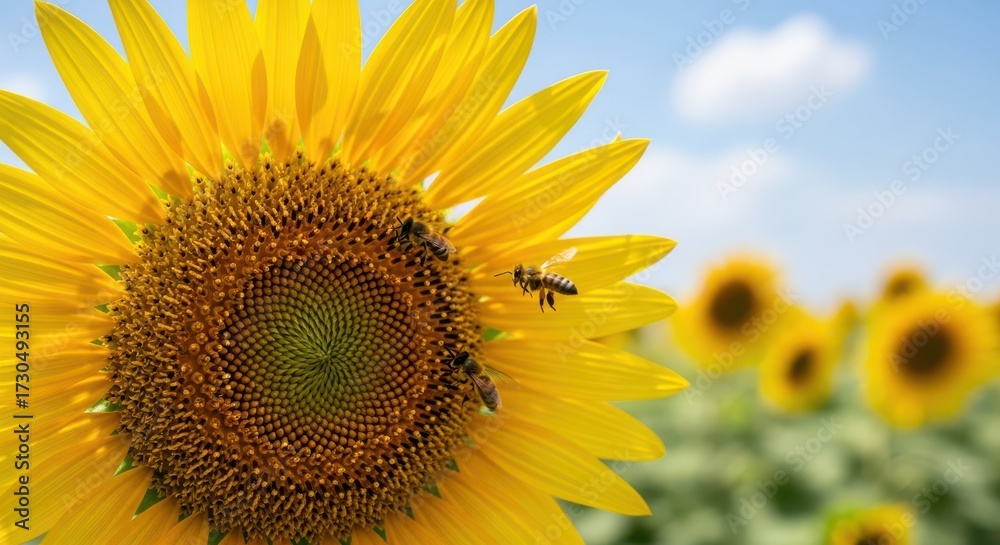 Naklejka premium Close up view of a sunflower in a field with bees collecting nectar