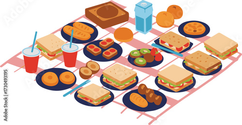Delightful picnic spread with sandwiches, pastries, fruit, and drinks, ideal for a fun outdoor gathering, perfect for lifestyle and food-related content