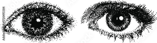 Scared eye in halftone stipple effect vector collection for urban design. grunge Vector illustration in vintage photocopy style for gothic surreal poster or banner. Eps 10