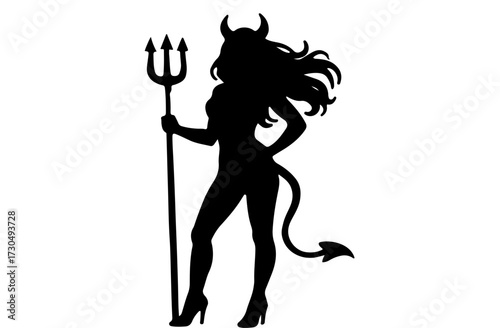 Seductive black silhouette of a female devil with horns, tail, and trident for Halloween.