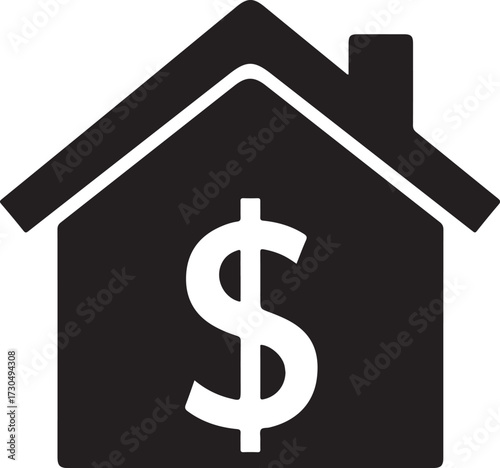 house with a dollar sign, this image represents real estate value, property investment, or the cost of housing in a simple black and white design on