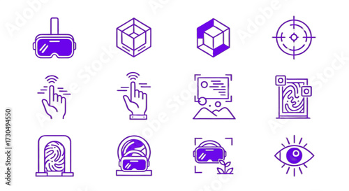 Explore futuristic technology and innovation with icons for virtual reality, augmented reality, biometrics, and digital interaction, perfect for modern tech concepts.