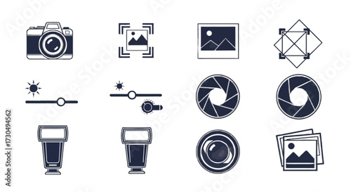Photography icons offer design solutions for photographers, showcasing camera, aperture, flash, and photo editing tools for modern creative projects