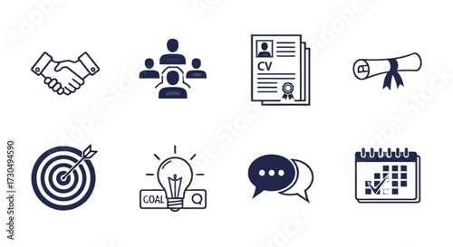 Achieve business success with teamwork, goals, and planning represented by icons including handshake, team, CV, graduation, target, lightbulb, chat, calendar