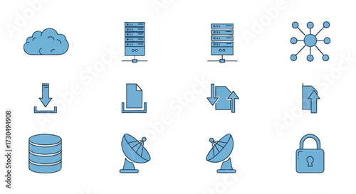 Modern data storage and transfer icons representing cloud computing, server architecture, download, upload, and secure network connections