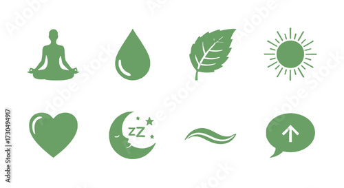 Relaxation and well-being icons depicting yoga, water drop, leaf, sun, heart, moon, waves, upward arrow, conveying peace and harmony