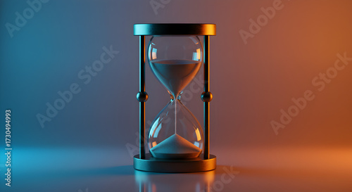 A minimalist hourglass glowing under warm orange and blue tones, representing the passage of time and patience.