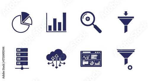 Modern data analysis icons depicting business statistics, cloud computing, and data processing for professional presentations and reports