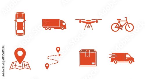 Modern delivery icons showcasing transportation methods like cars, trucks, drones, bicycles, and logistics for fast shipping and efficient services