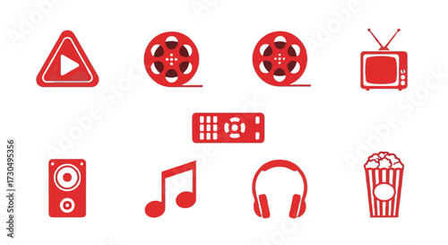 Entertainment icons representing home cinema, music, and media consumption, perfect for app interfaces and modern designs, originally a scalable vector graphic