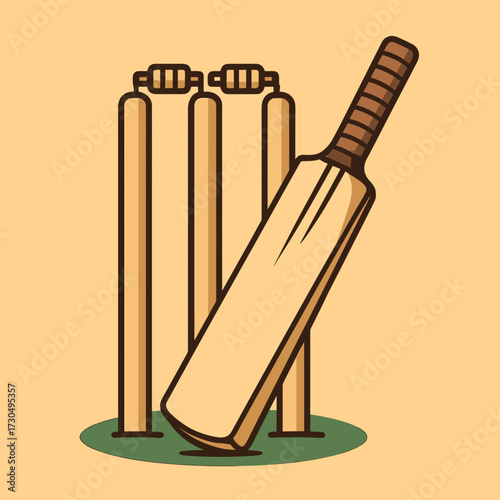 Cricket bat leaning against wickets on a light background, representing the sport
