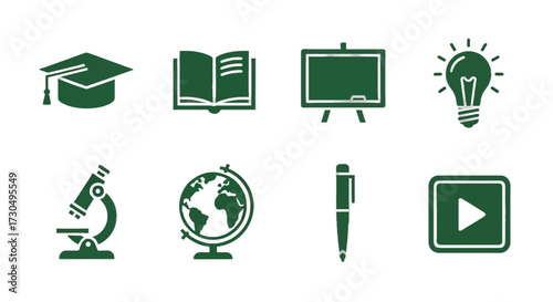 Educational icons for learning, science, and knowledge acquisition represent academic success and global understanding