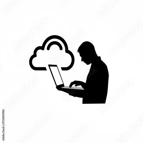Silhouette of it admin setting up cloud based vpn isolated on white background