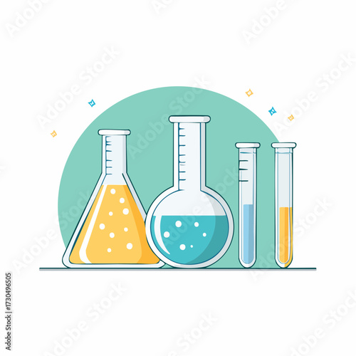 Illustration of four laboratory glassware items, including Erlenmeyer flask, round bottom flask, and two test tubes, filled with different colored liquids.