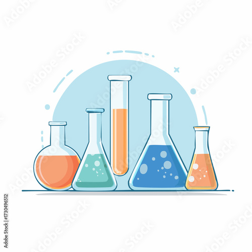 Illustration of five laboratory glass beakers and test tubes filled with various colored liquids, set against a light blue backdrop.