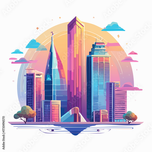 Colorful illustration of a modern cityscape with tall skyscrapers against a pastel sky, featuring stylized clouds and trees.